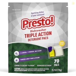 AMAZON BRAND - PRESTO! TRIPLE ACTION DISHWASHER PACS, LEMON SCENT, 70 COUNT