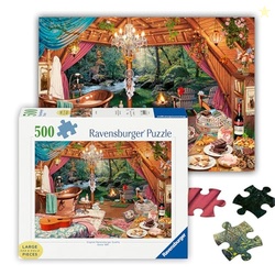 Ravensburger - Cozy Glamping - 500 Piece Large Format Jigsaw Puzzle - Quaint, Inviting Image of The River from a Rustic Cabin - Frameable - Premium Quality - Puzzles for Adults