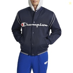 Champion Men's Satin Varsity Bomber Jacket with Logo, Peacoat, X-Large