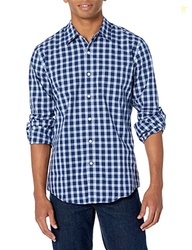 Amazon Essentials Men's Slim-Fit Long-Sleeve Poplin Shirt, Navy White Plaid, Medium