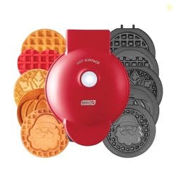 DASH Holiday MultiMaker Mini System - Waffle Maker with Six 4 Removable Holiday Plates: Waffle Iron & Griddle, 4-in-1 Mini Waffle Maker for Kids and Families  Nonstick Surface, Santa Waffle (Red)