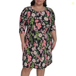 TOMMY HILFIGER WOMEN'S ELBOW SLEEVES FLORAL SHIFT DRESS, BLACK MULTI, 12