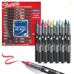 Sharpie Creative Markers, Water-Based Acrylic, Brush Tip, Assorted Colors, 12 Count  Arts & Crafts, Kids Activity, School Classroom; Works on Paper, Metal, Wood, Ceramic, Glass, Rock, Canvas