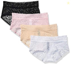 Amazon Essentials Women's Comfortable Lace Stretch Hipster Underwear, Pack of 4, Black/Camel/Light Pink/Lilac, X-Large