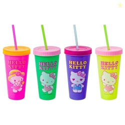 Silver Buffalo Sanrio Hello Kitty Summertime Gardening 4-Pack Color Changing Plastic Tumblers Includes Lid and Straw, 24 Ounces