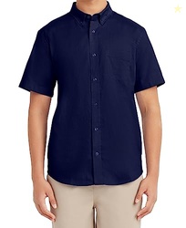 Nautica Young Men's School Uniform Short Sleeve Performance Oxford Button-Down Shirt, Navy, 36-37
