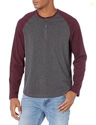 Amazon Essentials Long Sleeve Shirt for Men, Regular-Fit Henley, Available in Big & Tall, Charcoal Heather/Maroon, Large