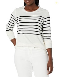 AMAZON ESSENTIALS WOMEN'S LONG-SLEEVE LIGHTWEIGHT CREWNECK SWEATER (AVAILABLE IN PLUS SIZE), BLACK WHITE PLACED STRIPE, LARGE