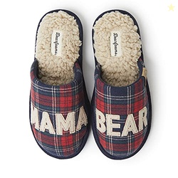 Dearfoams Women's Gifts for Mom Cute Cozy Mothers Day Mama Bear Slipper, Navy Plaid, 5-6