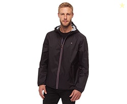 TOMMY HILFIGER MEN'S LIGHTWEIGHT ACTIVE WATER RESISTANT HOODED RAIN JACKET, BLACK, SMALL