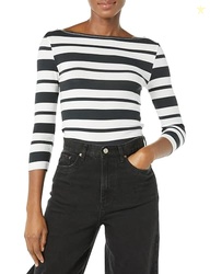 Amazon Essentials Women's Slim-Fit 3/4 Sleeve Boat Neck T-Shirt, Black White Placed Stripe, Large