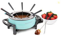 Nostalgia 12-Cup Electric Fondue Pot Set for Cheese & Chocolate - 8 Color-Coded Forks, Temperature Control - Stainless Steel Kitchen Gadgets and Appliances for Hors d'Oeuvres and More - Aqua
