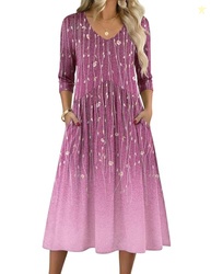 Zeagoo Dresses for Women 2026 3/4 Sleeve Women's Dress Casual Flowy A-Line Midi Tshirt Dresses with Pocket Empire Waist Summer Boho Beach Sundress Purple M