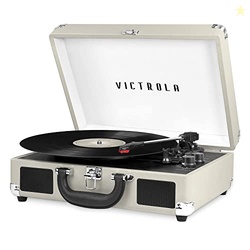 Victrola Journey Bluetooth Portable Suitcase Record Player  with Built-in Speakers, 3 Speed Vinyl Record Player, RCA Out, Headphone Jack (Light Grey)