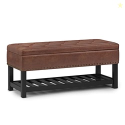 SIMPLIHOME Lomond Storage Ottoman Bench - 44 inch Wide Upholstered Vegan Leather Rectangle Storage Ottoman in Distressed Saddle Brown, Transitional Bench for Bedroom with Tufted Lift-Top and Shelf