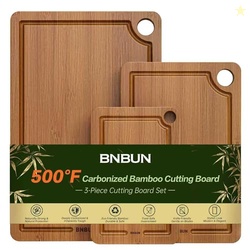 Bamboo Cutting Board for Kitchen Meal Prep & Serving, 3-Piece Wooden Set with Juice Grooves, Side Handles, Non-Slip Mats  Ideal for Meat, Veggies, Fruit  Ideal Gift for the Home