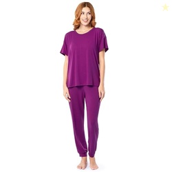 Fruit of the Loom Women's Breathable Short Sleeve Top and Jogger Pant Sleep Pajama Set, Boysenberry, 4X