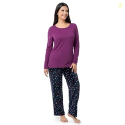Fruit of the Loom Women's Sueded Jersey Crew Top and Fleece Pant Sleep Set, Berry/Multi Confetti, Medium