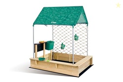 Hape All-in-one Sandbox Cabana Kit | Garden Sand Pit with Waterproof Sunshade, Activity Table, Water Play Station, Roleplay Kitchen and More | Outdoor Sandpit with Garden Toys