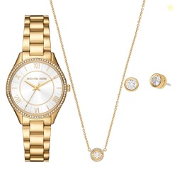 Michael Kors Women's Lauryn Three-Hand Gold-Tone Stainless Steel Bracelet Watch, Earrings and Necklace Gift Set (Model: MK4849SET)