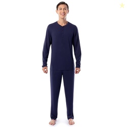 Fruit of the Loom Men's 360 Stretch Long Sleeve Henley Top and Pant Sleep Pajama Set, Navy, XX-Large