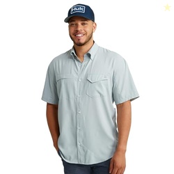 HUK Mens Tide Point Solid Short Sleeve Shirt, Button Down for Men, Harbor Mist, Small