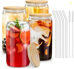 sungwoo 4PCS Glass Cups with Bamboo Lids and Straws