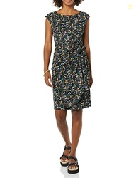 Amazon Essentials Women's Cap Sleeve Boat-Neck Faux Wrap Dress, Black Ditsy Floral, X-Small