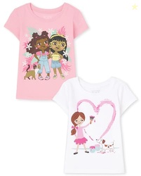 The Children's Place Baby Toddler Girls Short Sleeve Graphic T-Shirt 2-Pack, Girl & Dog/Girls & Cat, 5T