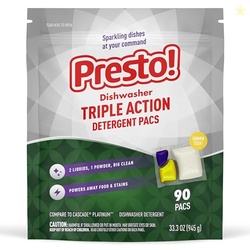 Amazon Brand - Presto! Triple Action Dishwasher Pacs, Lemon Scent, 90 Count