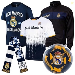 Icon Sports Real Madrid Ultimate Fan Pack  Officially Licensed 5-Piece Soccer Merch - Shirt, Jersey, Jacket, Scarf, Ball XL Black
