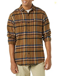 Amazon Essentials Men's Long-Sleeve Flannel Shirt, Regular-Fit, Two Pockets, Tobacco Brown Plaid, X-Small