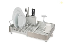 Joseph Joseph Extend Steel Expandable Dish Drying Rack with Removable Cutlery Holder Swivel Draining Spout, Stainless Steel