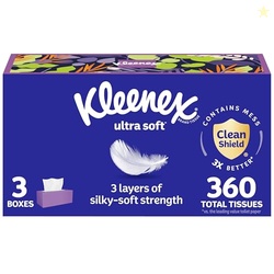 KLEENEX ULTRA SOFT FACIAL TISSUES, 3 FLAT BOXES, 120 TISSUES PER BOX, 3-PLY (360 TOTAL), PACKAGING MAY VARY