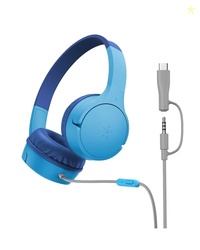 Belkin SoundForm Mini Kids Wired Headphones w/USB C to 3.5mm Dongle, Built-in Mic & Fun Stickers, 85dB Max Volume  for Online Learning, Travel, Compatible w/iPhone 16, iPad, Galaxy S25, etc - Blue