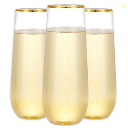 N9R 12PCS Plastic Champagne Flutes, 9 oz Stemless Disposable Gold Rim 