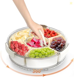 Divided Serving Tray with Lid and Handle, Round Rotating Snackle Box C