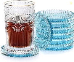 JUXYES 8 Pack Clear Blue Crystal Coasters Round Cup Mat