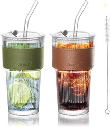 Joeyan Glass Tumblers with Lids and Glass Straws,Set of 2
