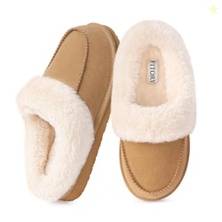 FITORY Women's Suede Slipper, Flat Slip On House Shoes with Faux Fur L