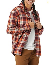Amazon Essentials Men's Long-Sleeve Flannel Shirt, Burgundy Orange Pla