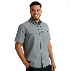 HUK Mens Back Draft Solid Short Sleeve Button Down Shirt, Vented Fishi