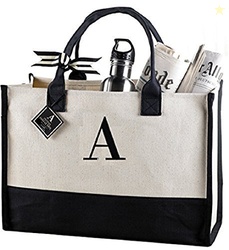 Mud Pie Classic Black and White Initial Canvas Tote Bags (A), 100% Cot