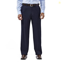 Haggar Men's ECLO Stria Expandable-Waist Plain-Front Dress Pant Blue