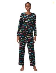 HUE Women's Waffle Fleece 2 Piece Pajama Set, Black - Holiday Traffic,