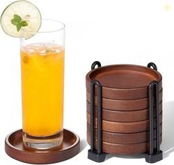 Set of 6 Wooden Coasters With Holder