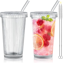 Joeyan Glass Tumbler with Lid and Straw,Set of 2