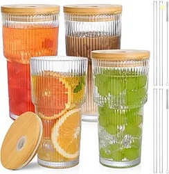 20oz Ribbed Glass Coffee Cups with Lids and Straw,4PCS 