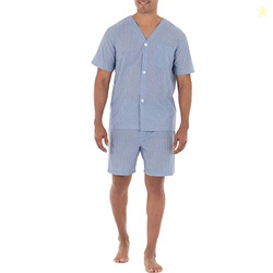 Fruit of the Loom Men's Broadcloth Short Sleeve Pajama Set, Blue Strip