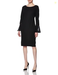 Calvin Klein Women's Solid Sheath with Chiffon Bell Sleeves Dress, Bla